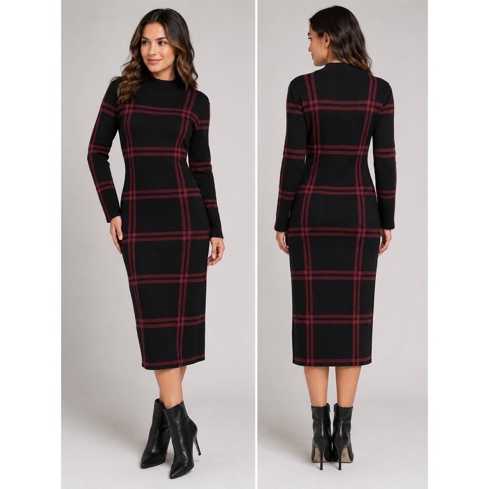 Emery Rose Womens Plaid Mock Neck Long Sleeve Bodycon Sweater Midi Dress Medium - Picture 1 of 9